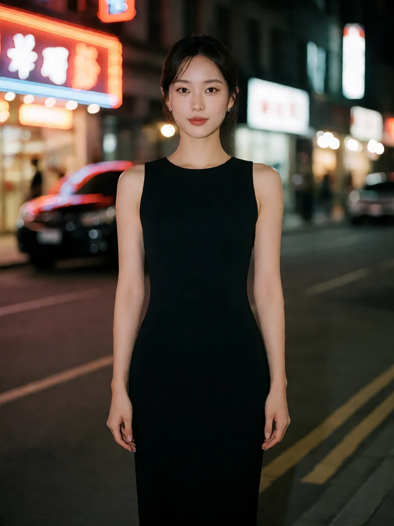 AI创作图片：黑色连衣裙夜景写真。简洁的黑色修身连衣裙放在都市夜景前，路灯和远处霓虹做背景