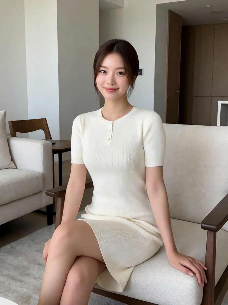 AI创作图片：奶油白居家连衣裙。奶油白针织连衣裙与浅色客厅形成柔和的居家主题，人物自然坐在沙发旁
